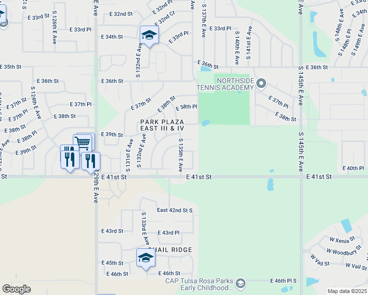 map of restaurants, bars, coffee shops, grocery stores, and more near 13418 East 39th Place in Tulsa
