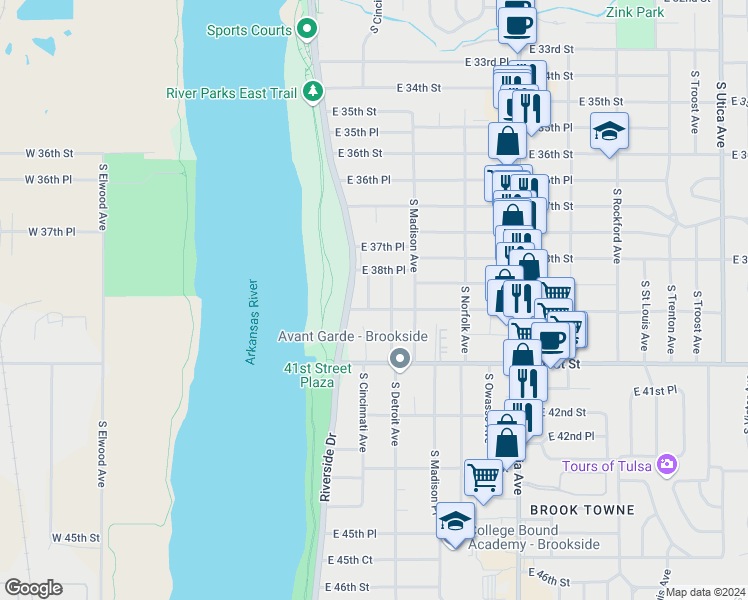 map of restaurants, bars, coffee shops, grocery stores, and more near 3843 South Cincinnati Avenue in Tulsa