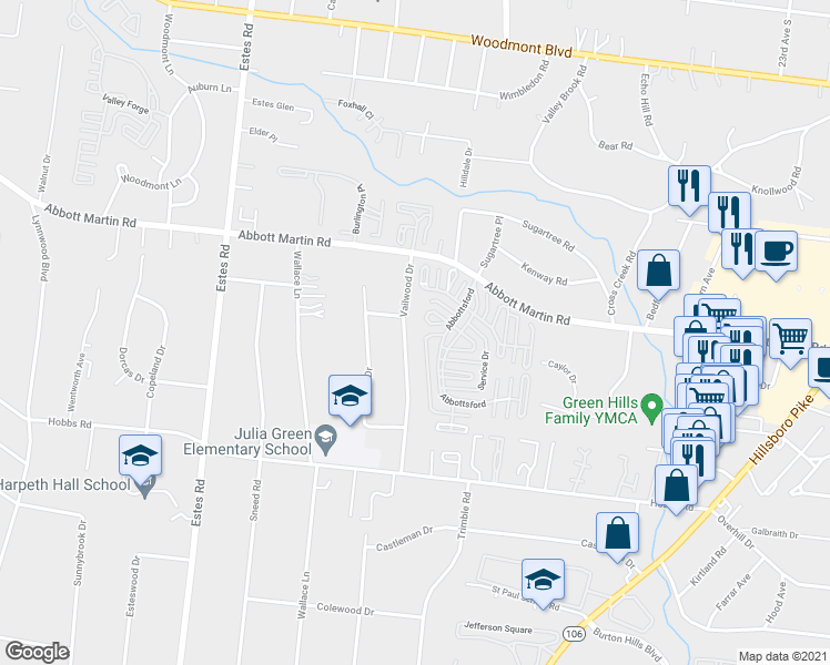 map of restaurants, bars, coffee shops, grocery stores, and more near 4002 Vailwood Drive in Nashville