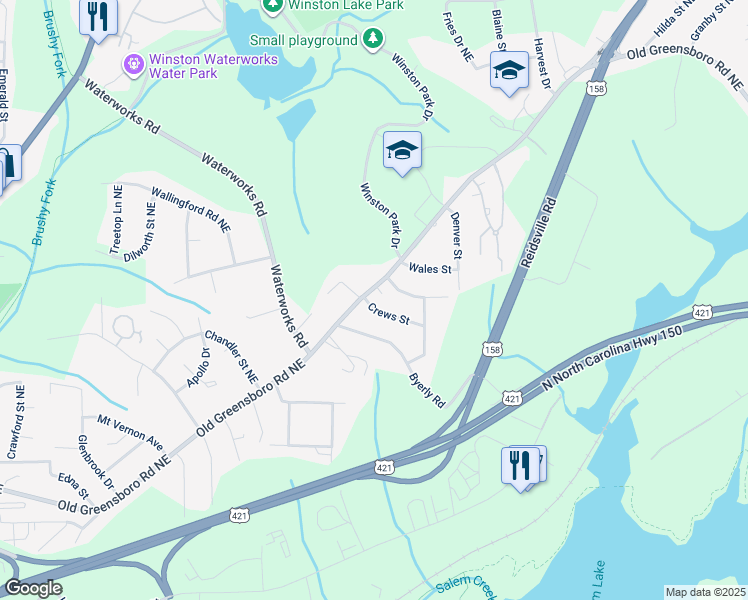 map of restaurants, bars, coffee shops, grocery stores, and more near 425 Crews Street in Winston-Salem