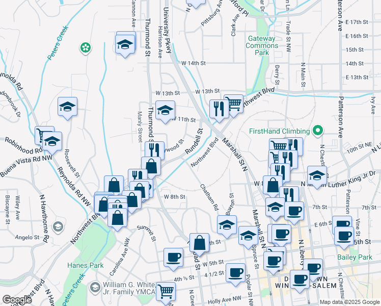 map of restaurants, bars, coffee shops, grocery stores, and more near 1012 Rundell Street in Winston-Salem