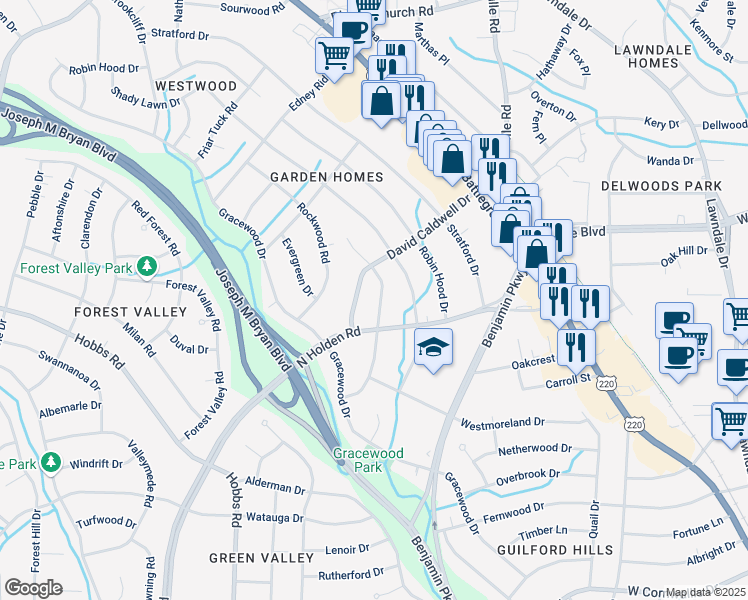 map of restaurants, bars, coffee shops, grocery stores, and more near 2607 Hill-N-Dale Drive in Greensboro