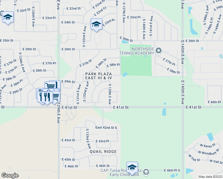 map of restaurants, bars, coffee shops, grocery stores, and more near 13418 East 39th Place in Tulsa