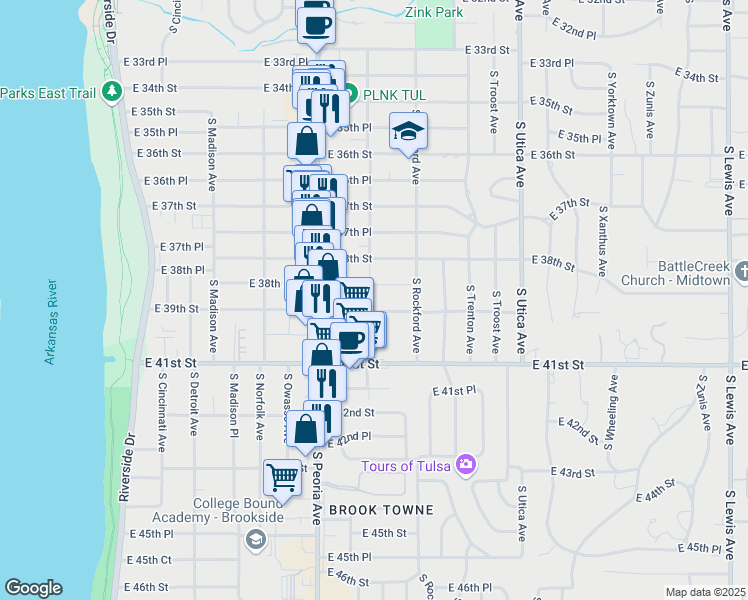 map of restaurants, bars, coffee shops, grocery stores, and more near 1408 East 38th Street in Tulsa