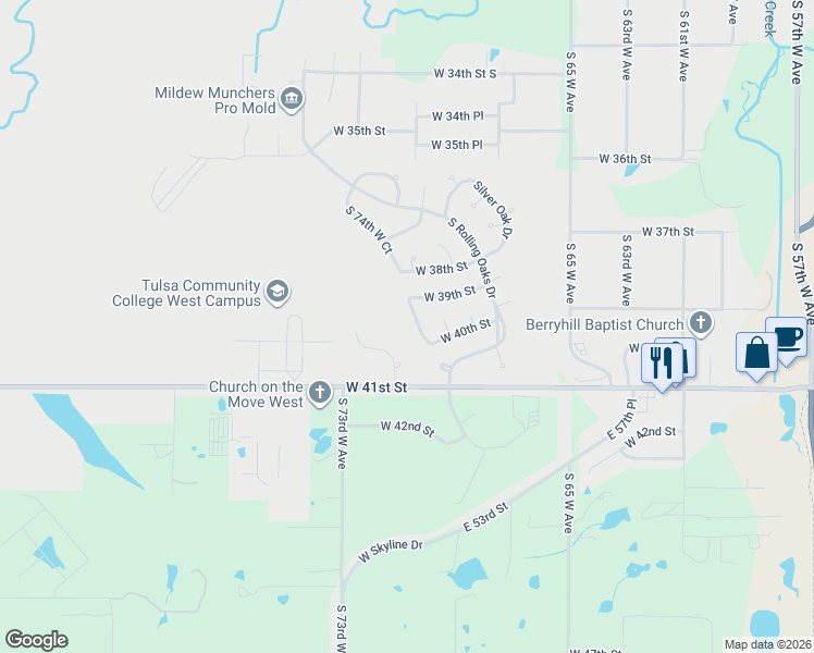 map of restaurants, bars, coffee shops, grocery stores, and more near 3908 South 74th West Avenue in Tulsa