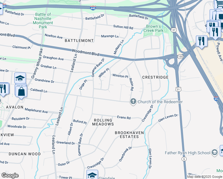 map of restaurants, bars, coffee shops, grocery stores, and more near 3622 Mayflower Place in Nashville