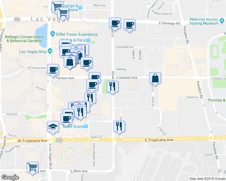 map of restaurants, bars, coffee shops, grocery stores, and more near 4587 Koval Lane in Las Vegas