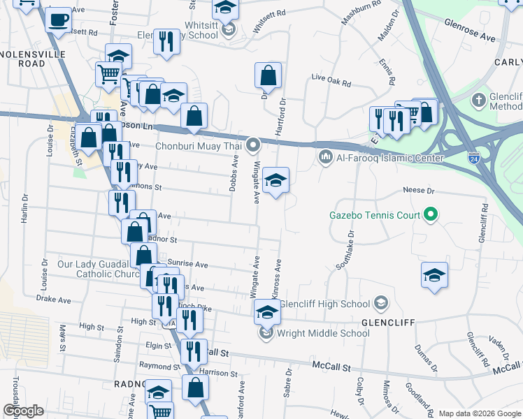 map of restaurants, bars, coffee shops, grocery stores, and more near 3002 Wingate Avenue in Nashville