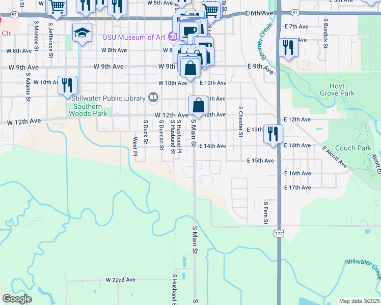 map of restaurants, bars, coffee shops, grocery stores, and more near 1406 South Main Street in Stillwater