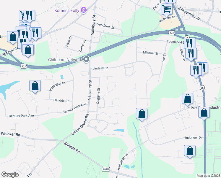 map of restaurants, bars, coffee shops, grocery stores, and more near 1324 Claxton Ridge Drive in Kernersville
