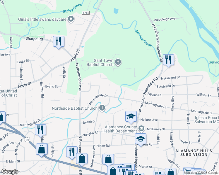 map of restaurants, bars, coffee shops, grocery stores, and more near 1439 Knollwood Drive in Burlington