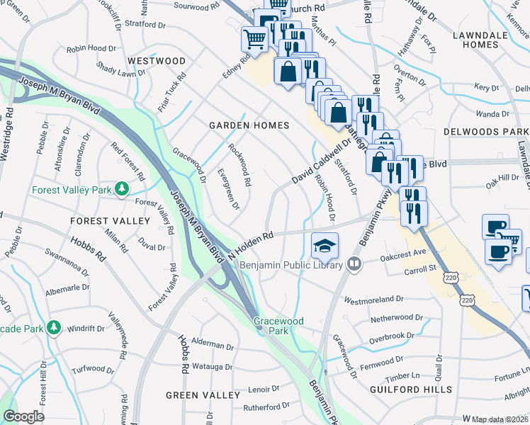 map of restaurants, bars, coffee shops, grocery stores, and more near 2609 David Caldwell Drive in Greensboro