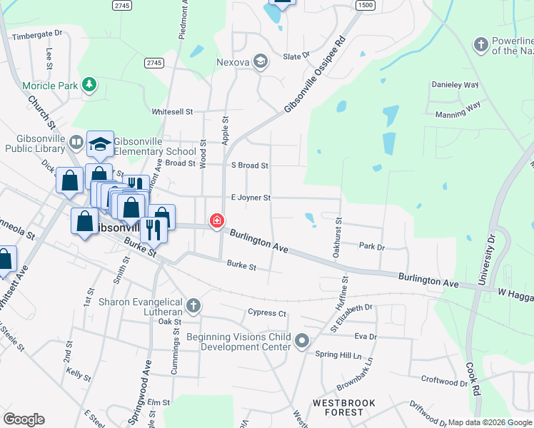 map of restaurants, bars, coffee shops, grocery stores, and more near 207 South Wyrick Street in Gibsonville