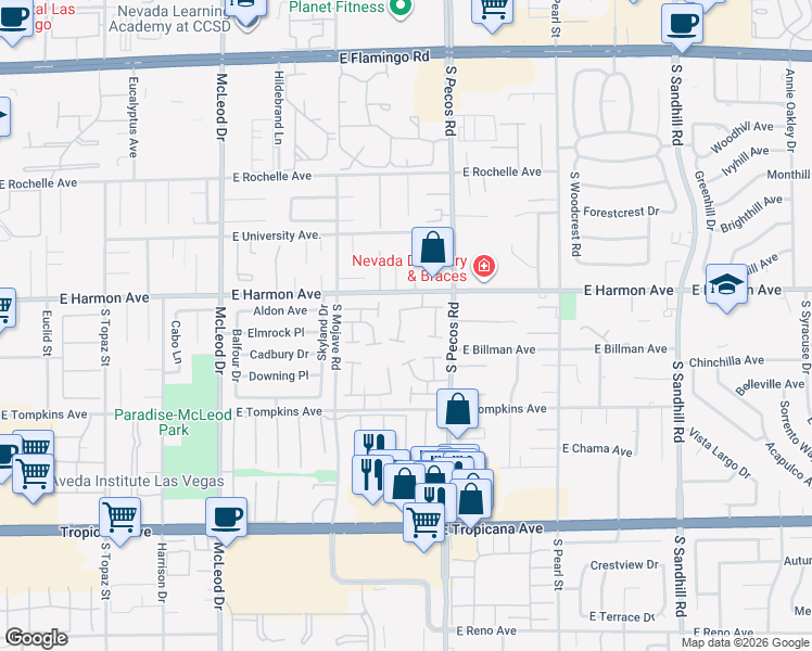 map of restaurants, bars, coffee shops, grocery stores, and more near 4560 Brookside Way in Las Vegas