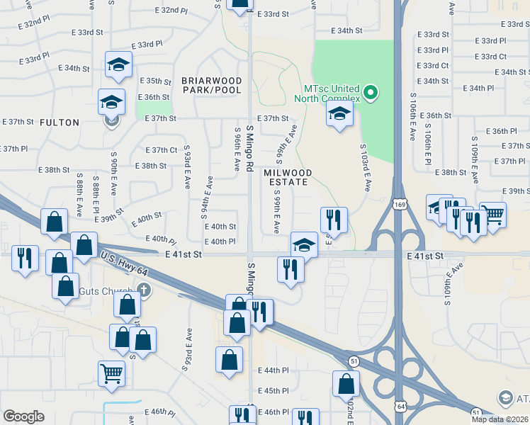map of restaurants, bars, coffee shops, grocery stores, and more near 3853 South 98th East Avenue in Tulsa