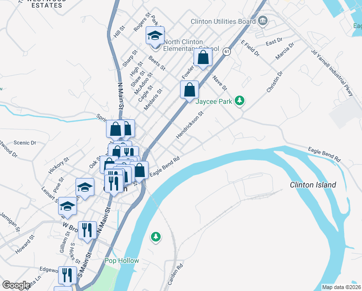 map of restaurants, bars, coffee shops, grocery stores, and more near 309 Lewallen Street in Clinton