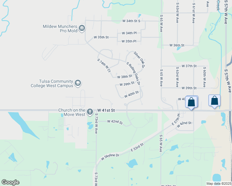 map of restaurants, bars, coffee shops, grocery stores, and more near 3908 South 74th West Avenue in Tulsa
