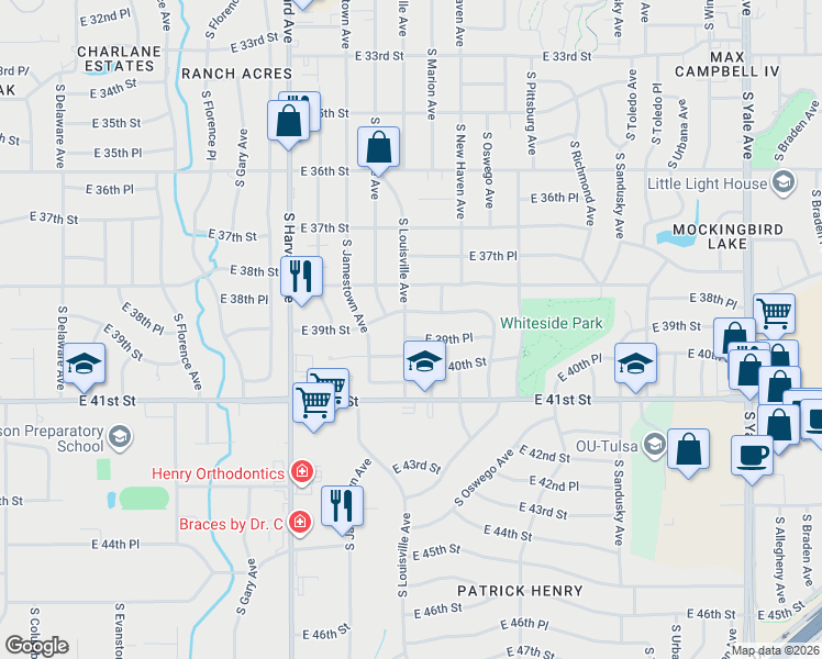 map of restaurants, bars, coffee shops, grocery stores, and more near 3703 East 39th Place in Tulsa