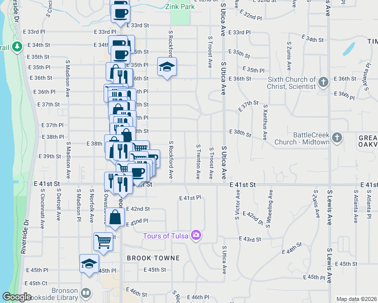 map of restaurants, bars, coffee shops, grocery stores, and more near 3841 South Saint Louis Avenue in Tulsa