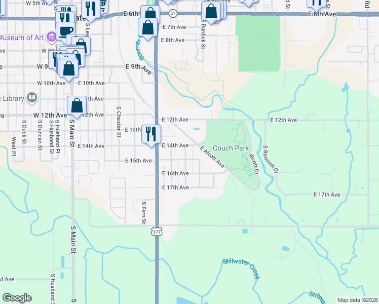 map of restaurants, bars, coffee shops, grocery stores, and more near 1405 South Springfield Street in Stillwater