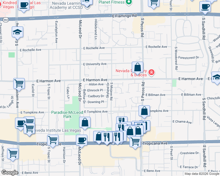 map of restaurants, bars, coffee shops, grocery stores, and more near 4552 Skyland Dr in Las Vegas