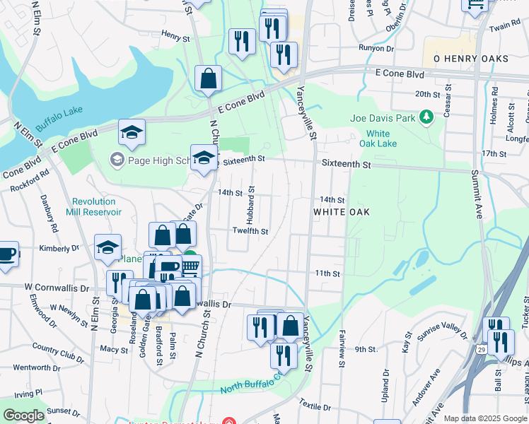 map of restaurants, bars, coffee shops, grocery stores, and more near 2411 Cypress Street in Greensboro