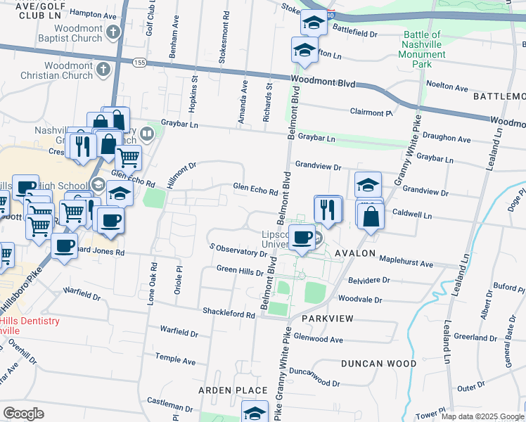 map of restaurants, bars, coffee shops, grocery stores, and more near 1606 Observatory Drive in Nashville