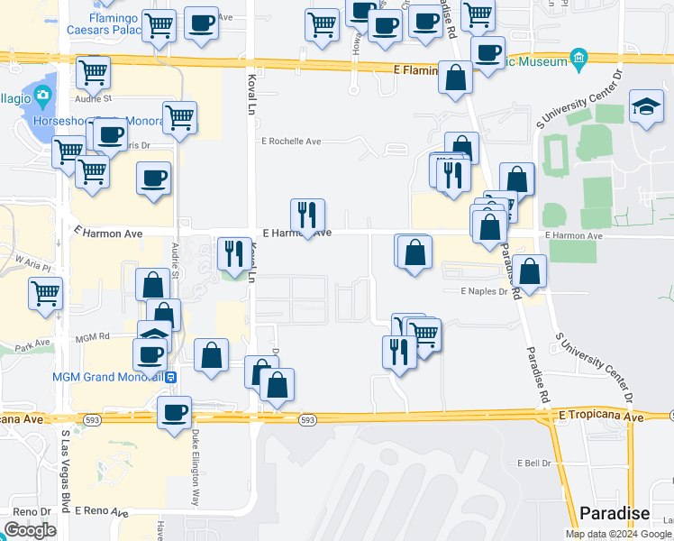 map of restaurants, bars, coffee shops, grocery stores, and more near 303 East Harmon Avenue in Las Vegas