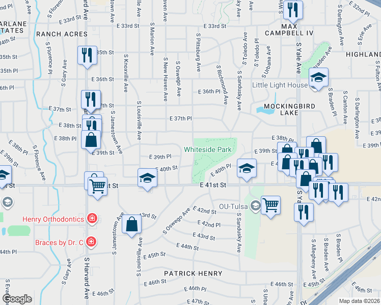 map of restaurants, bars, coffee shops, grocery stores, and more near 3840 South Pittsburg Avenue in Tulsa