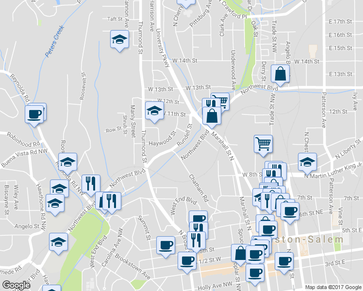 map of restaurants, bars, coffee shops, grocery stores, and more near 1012 Rundell Street in Winston-Salem
