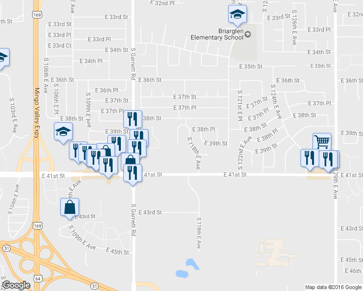 map of restaurants, bars, coffee shops, grocery stores, and more near 3851 South 117th East Avenue in Tulsa