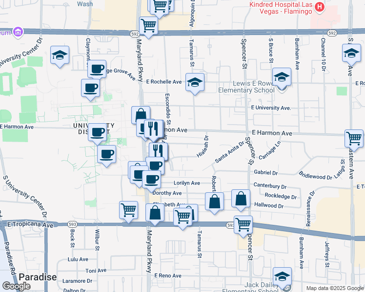 map of restaurants, bars, coffee shops, grocery stores, and more near 1459 Living Desert Drive in Las Vegas
