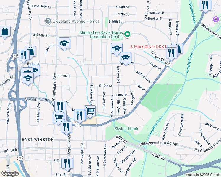 map of restaurants, bars, coffee shops, grocery stores, and more near 920 North Cameron Avenue in Winston-Salem