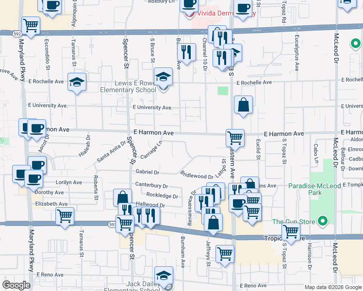 map of restaurants, bars, coffee shops, grocery stores, and more near 4545 Rancho Hills Drive in Las Vegas