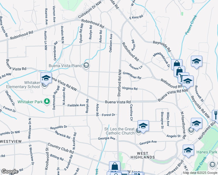 map of restaurants, bars, coffee shops, grocery stores, and more near 2198 Virginia Road in Winston-Salem