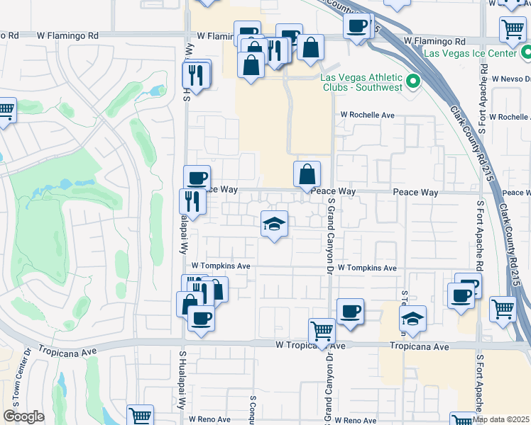 map of restaurants, bars, coffee shops, grocery stores, and more near 10001 Peace Way in Las Vegas