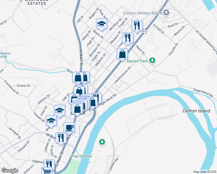 map of restaurants, bars, coffee shops, grocery stores, and more near 602 Hendrickson Street in Clinton