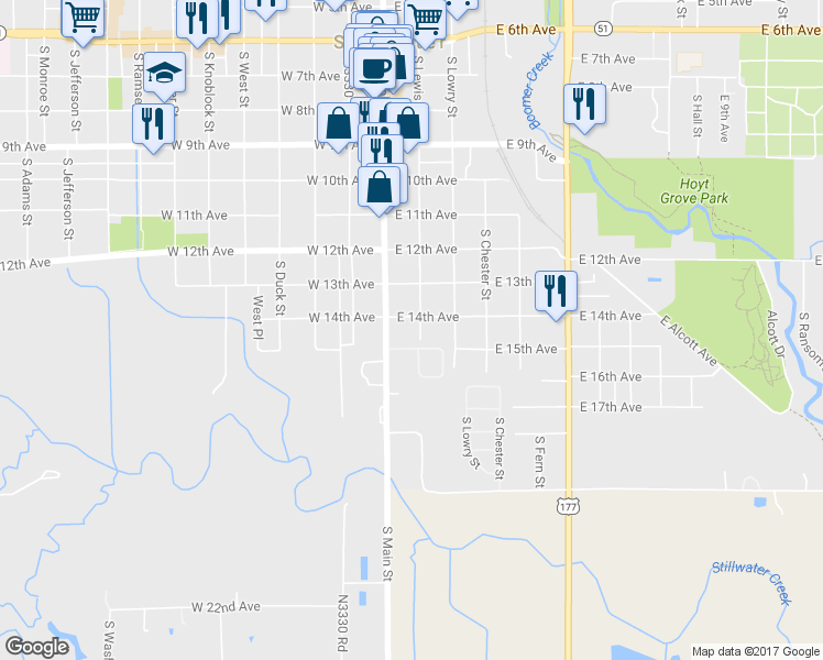 map of restaurants, bars, coffee shops, grocery stores, and more near 1404 South Lewis Street in Stillwater