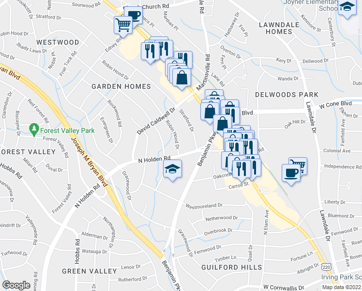 map of restaurants, bars, coffee shops, grocery stores, and more near 2606 Robin Hood Drive in Greensboro