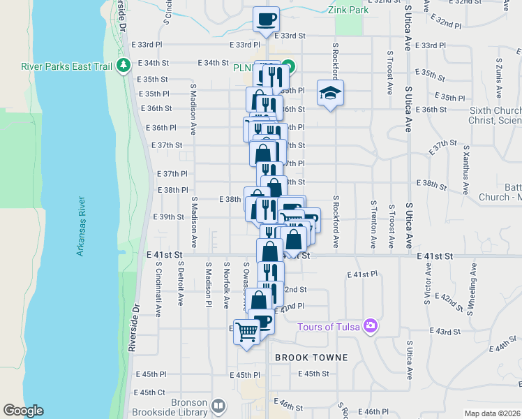 map of restaurants, bars, coffee shops, grocery stores, and more near 3840 South Peoria Avenue in Tulsa