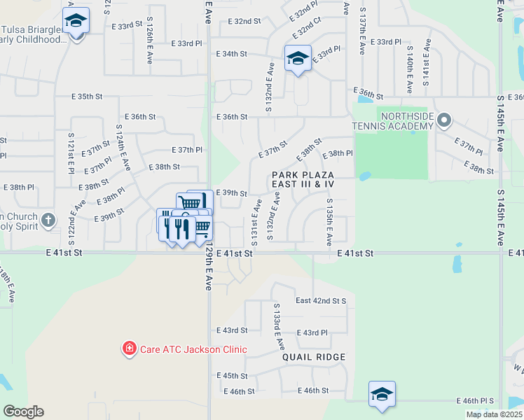 map of restaurants, bars, coffee shops, grocery stores, and more near 3915 South 131st East Avenue in Tulsa