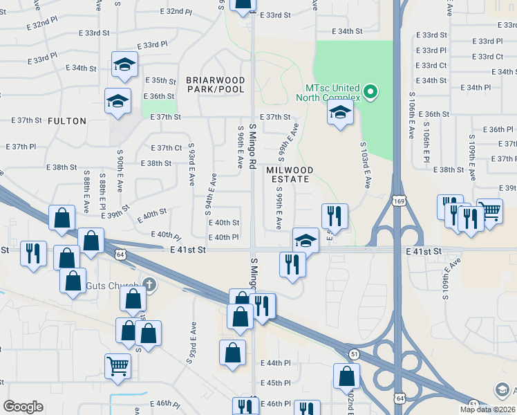 map of restaurants, bars, coffee shops, grocery stores, and more near 3853 South 98th East Avenue in Tulsa
