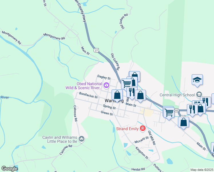 map of restaurants, bars, coffee shops, grocery stores, and more near 202 Maiden Street in Wartburg
