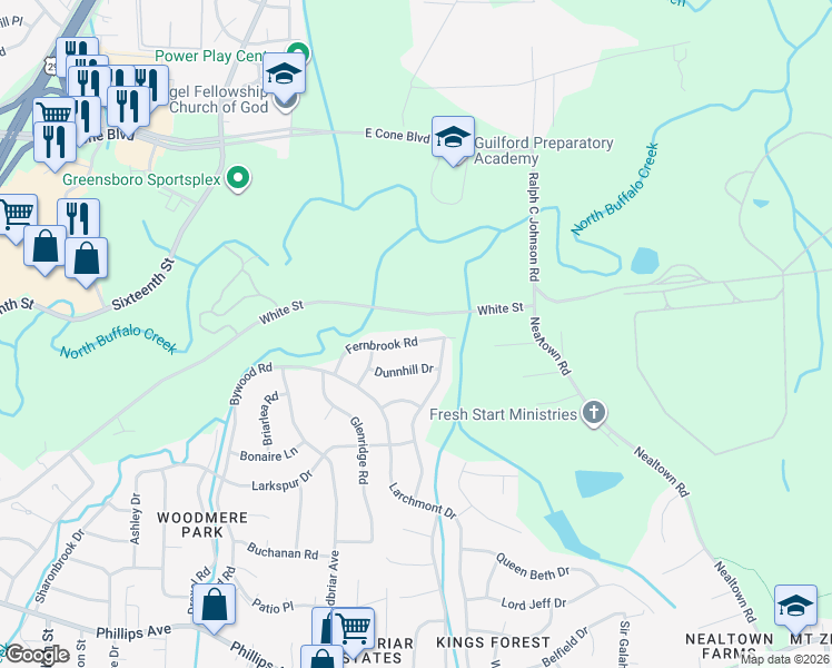 map of restaurants, bars, coffee shops, grocery stores, and more near 2515 Fernbrook Road in Greensboro