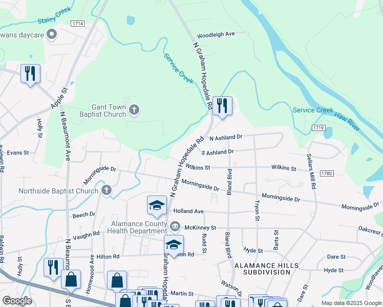 map of restaurants, bars, coffee shops, grocery stores, and more near 817 North Graham Hopedale Road in Burlington