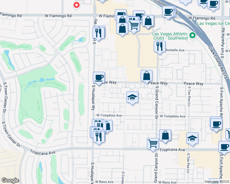 map of restaurants, bars, coffee shops, grocery stores, and more near 10001 Peace Way in Las Vegas