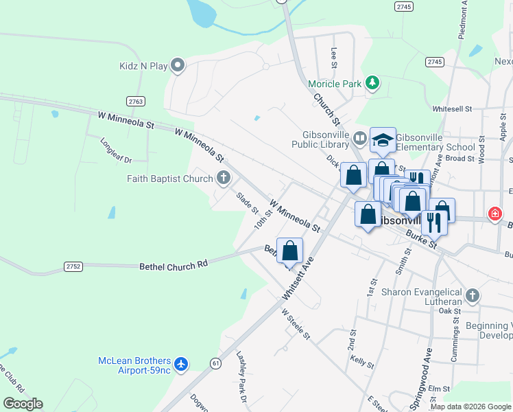 map of restaurants, bars, coffee shops, grocery stores, and more near 612 Slade Street in Gibsonville
