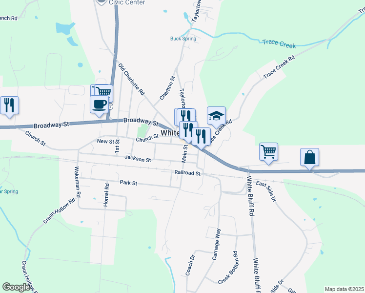 map of restaurants, bars, coffee shops, grocery stores, and more near 106 Main Street in White Bluff