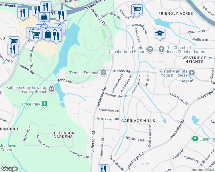 map of restaurants, bars, coffee shops, grocery stores, and more near 1126 Jefferson Road in Greensboro