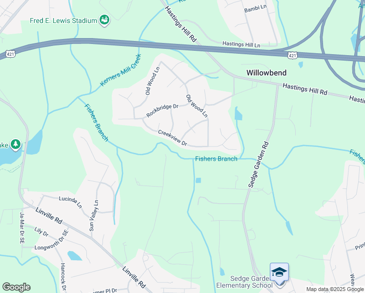 map of restaurants, bars, coffee shops, grocery stores, and more near 310 Creekview Drive in Kernersville